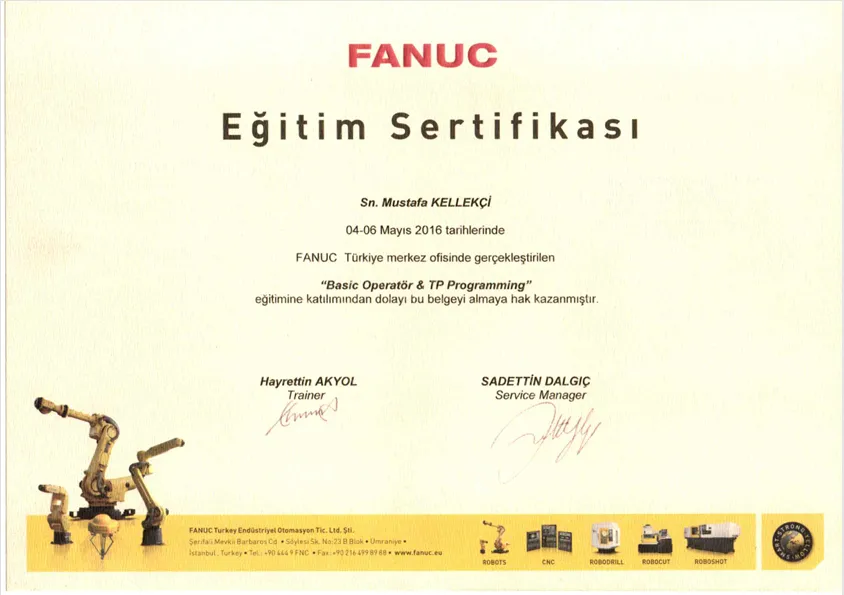 FANUC EĞİTİM SERTİFİKASI